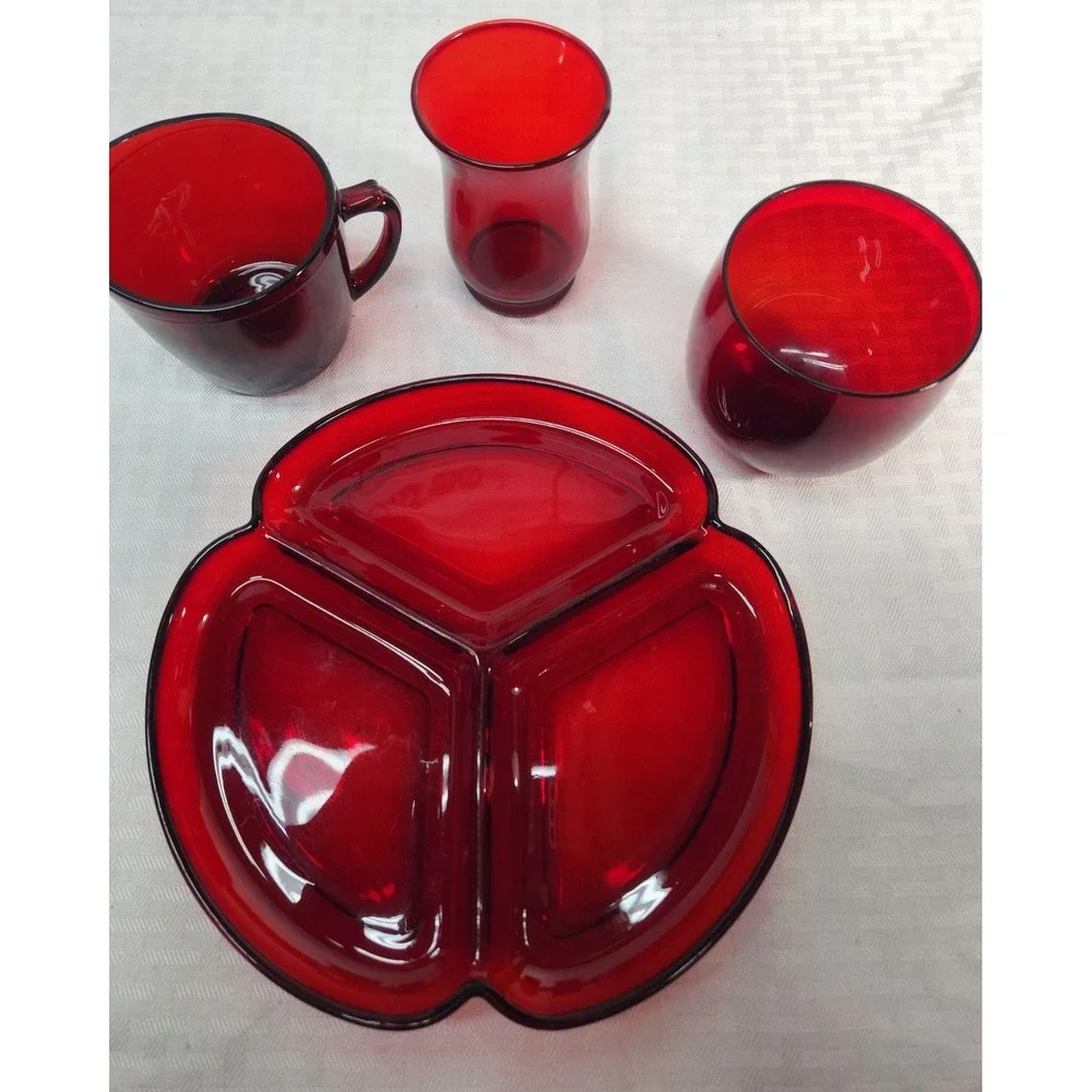 Lot Anchor Hocking Royal Ruby Red Glass- Relish Tray, Tumbler, Juice Glass Cream